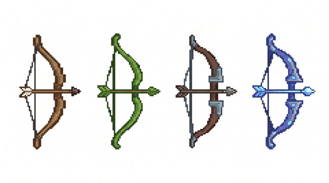 Pixel Art Bow and Arrow RPG Weapon Icons Set with Magic and Elven Archery Designs