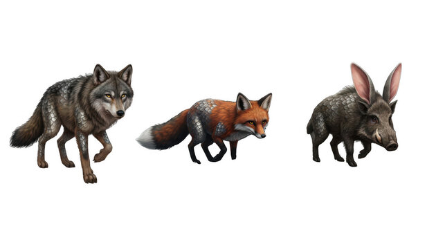 Wolf Fox and Rabbit-Eared Boar Fantasy Creatures