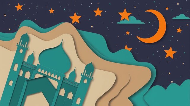 Ramadan Kareem paper cut animation. Islamic mosque silhouettes with crescent moon and stars in night sky. Layered papercraft style for Eid al-Fitr greeting and religious holiday celebrations.
