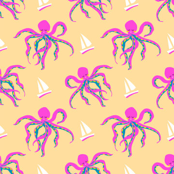 Seamless pattern with cute cartoon octopus and sailboats on yellow background