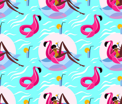Seamless summer pattern with girl on flamingo pool float and cocktails