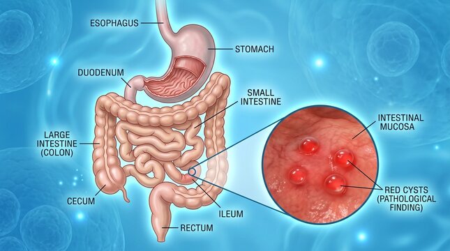 Human digestive system diagram showing red cysts pathology in the ileum