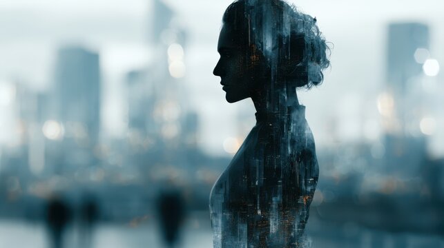 Silhouette of a woman merged with an urban cityscape, blending human form and architecture in a futuristic, double-exposure style.