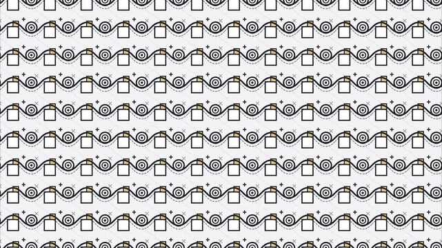 Waving pixel flags and circle icons pattern retro 8 bit pixel art aesthetic looping animation background for digital interface loading screen website UI element