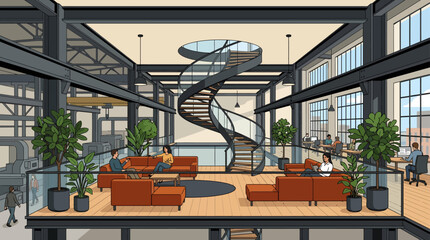 Modern open-plan loft office interior with spiral staircase and lounge areas, concept for co-working spaces, corporate environments and modern business design. © rensi