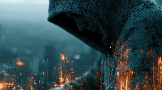 A hooded person looks down pensively with a moody cityscape and glowing embers overlay, creating a somber and reflective atmosphere.