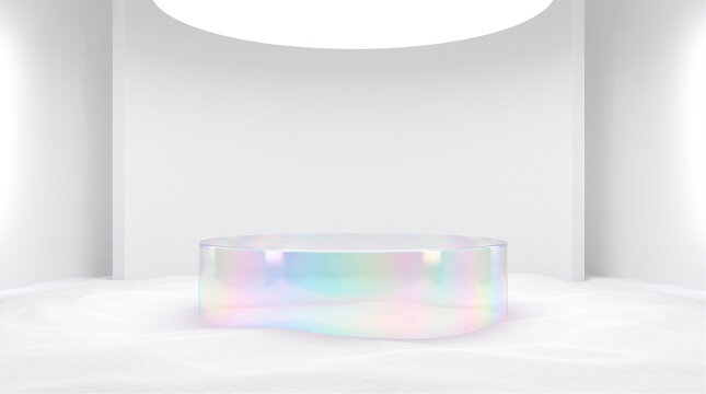 Minimalist 3D background with blank holographic glass pedestal on white sand for product mockup
