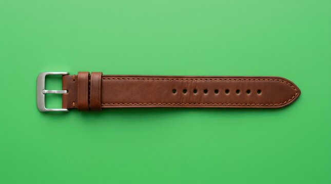 Brown leather watch strap isolated green.