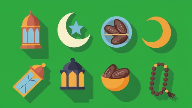 Ramadan Kareem animated icon set on green screen. Features Islamic lanterns, crescent moon with star, bowl of dates, and prayer beads. Flat vector motion graphics for Eid