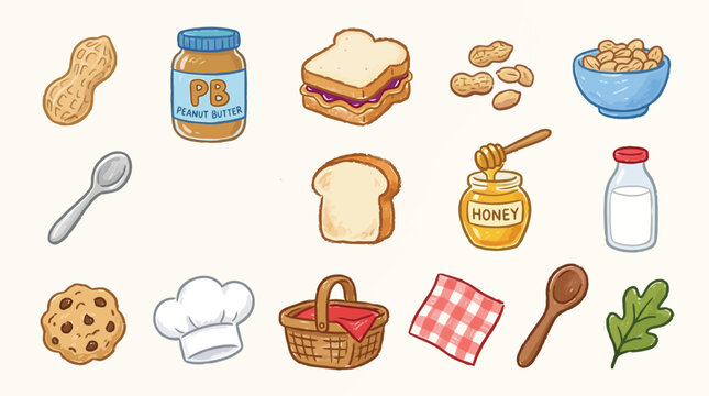 Collection of cartoon-style food items including peanut butter, jelly sandwich, bread, peanuts, honey, milk, cookie, and picnic basket.