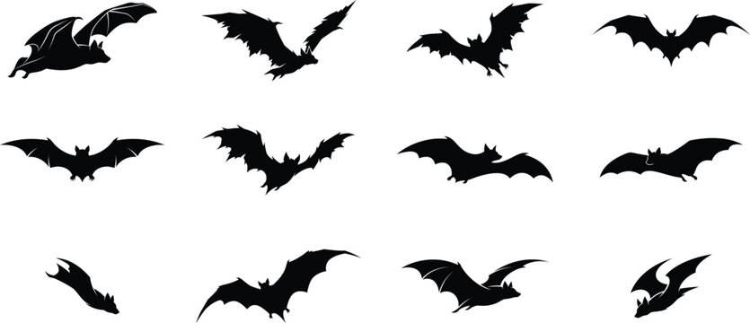 Flying Halloween bat silhouette collection vector set for spooky party design