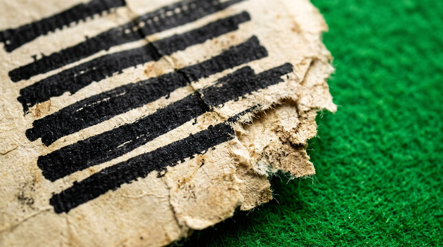 Tally marks scratched onto a torn piece of paper, placed on a green textured surface, suggesting progress or count.