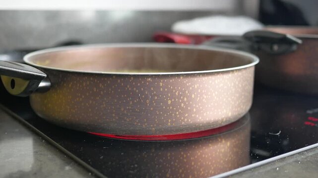 Cooking pan on induction cooktop with steam rising from hot food during kitchen meal preparation