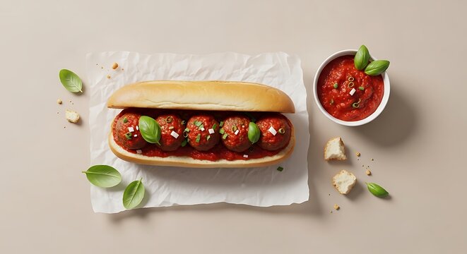 A top-down view of a delicious meatball sub sandwich served on parchment paper with a side of marinara sauce, fresh basil leaves, and bread crumbs on a neutral background.