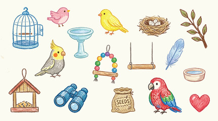 Collection of cute cartoon birds and accessories for bird care and decoration.