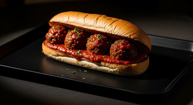 A delicious meatball sub sandwich featuring four perfectly cooked meatballs topped with savory tomato sauce and fresh herbs on a fresh soft bread roll