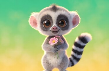 Obraz premium Cute cartoon gray ring-tailed lemur holding a flower