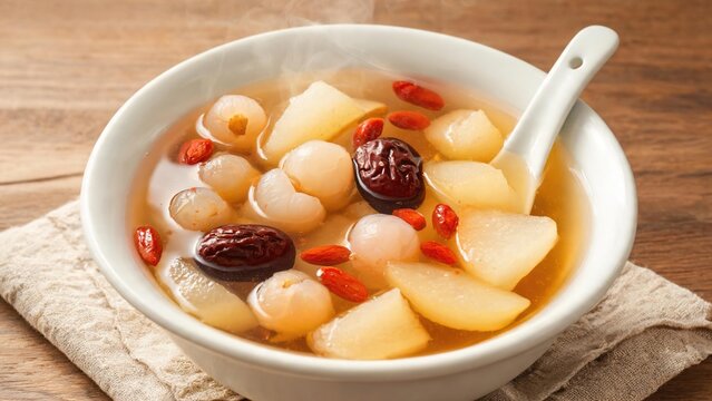 Steaming warm nourishing pear longan herbal sweet soup in white ceramic bowl, sliced snow pear, longan pulp, red jujube and goji berries on linen cloth wooden table, traditional Chinese autumn wellnes
