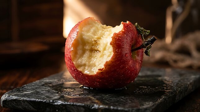 A single bitten red apple resting on a dark wooden cutting board in a rustic kitchen setting. apfel angebissen