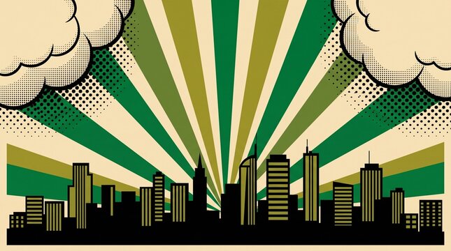 Classic green urban skyline with elegant vintage burst rays and city silhouette. Perfect for branding, advertising, editorial layouts, and creative business projects.