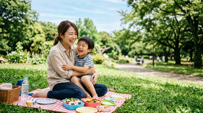 公園でピクニックをして大笑いする母親と男の子の親子