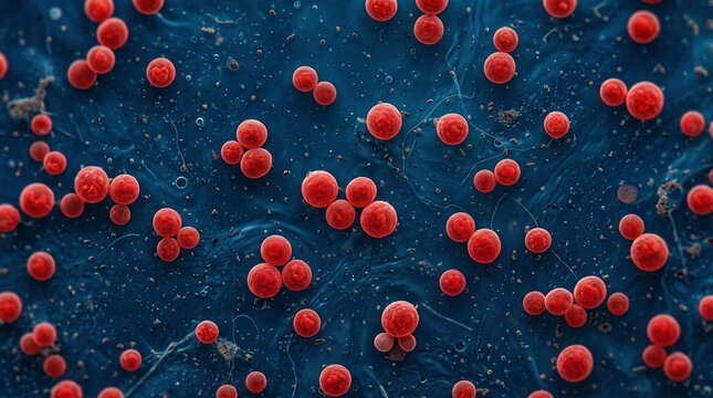Microscopic view of red spherical bacteria cells on a dark blue background