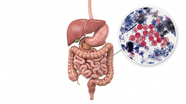 3d medical illustration of the human digestive system with a microscopic view of giardia lamblia cysts