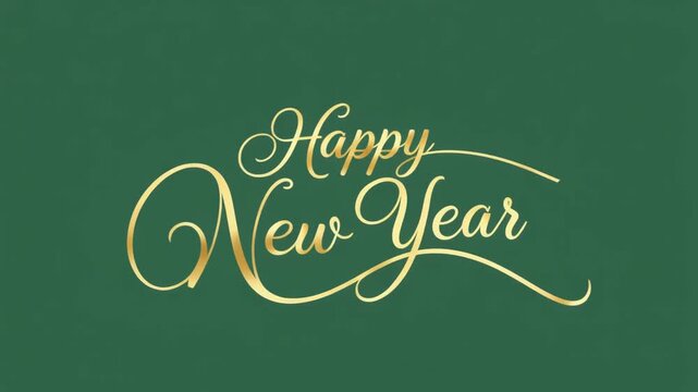 Elegant Happy New Year animated gold calligraphy lettering on a dark green background, festive holiday greeting design for celebrations, invitations, social media, and seasonal videos
