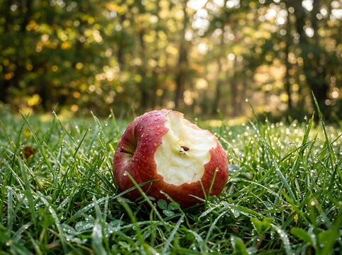 A bitten red apple sitting on the green grass in a sunny garden. apfel angebissen