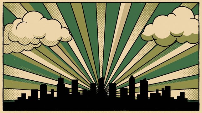 Stylish retro green skyline featuring dramatic comic clouds and vintage radial rays. Suitable for posters, websites, travel promotions, and urban-themed graphics.