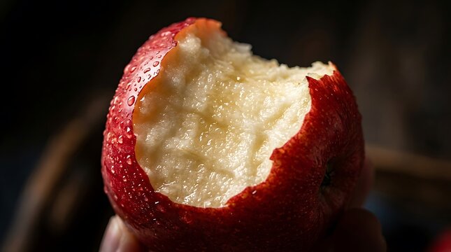 Fresh red lychee fruit with a bite mark showing juicy white pulp. apfel angebissen