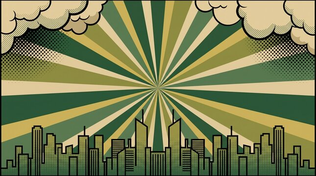 Retro olive green city skyline with vintage radial sunburst effect and dramatic clouds. Great for nostalgic posters, branding, presentations, and editorial graphics.