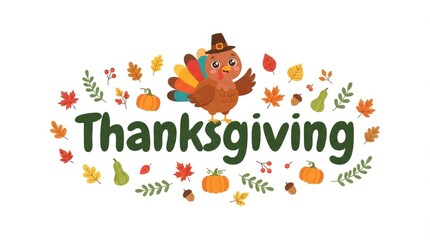 Fototapeta premium Festive thanksgiving day illustration turkey pumpkins and autumn leaves for holiday celebrations