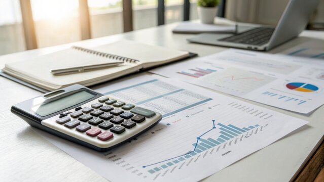 Desk with calculator, notebook, and financial charts displaying data analysis and business planning in a bright office setting.