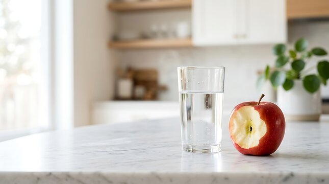 A bitten red apple and a glass of water on a kitchen counter. apfel angebissen