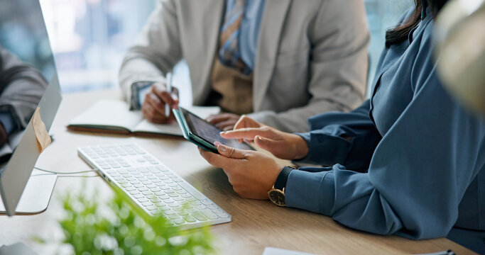 Meeting, tablet and business people hands in office with personal assistant, agenda or online calendar. Manager, executive secretary and typing in workplace with tech, collaboration or plan schedule.