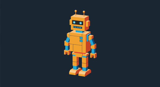Orange isometric toy robot character in retro blocky style.