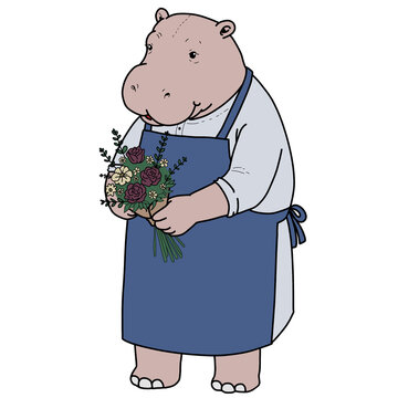 Cute Hippo Making A Bouquet of Flower