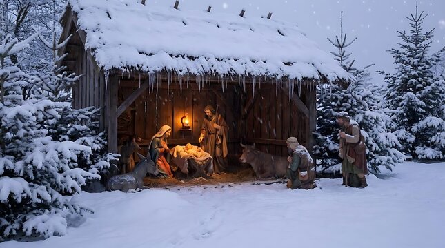 Winter nativity scene with figures in snowy stable setting