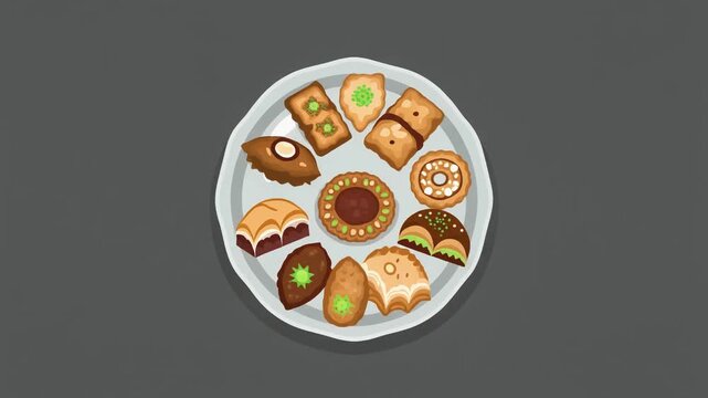 Assorted Baklava and Turkish sweets animation on a white plate. Traditional Middle Eastern desserts appearing in a circle. Flat vector illustration style for food blogging and cultural content.