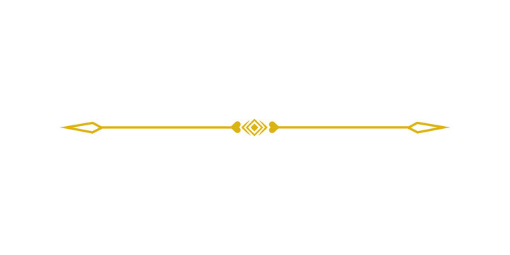 Elegant golden horizontal divider with decorative geometric center and pointed ends isolated on transparent background