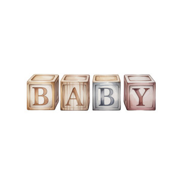 A set of wooden blocks spelling out the word baby on a black background