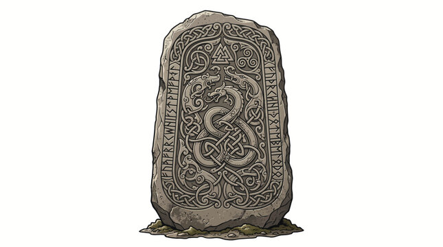 Ancient Rune stone with intricate Norse carvings stands on ground