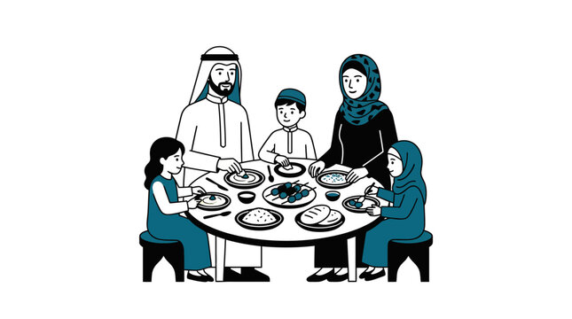 Arab Family Enjoying Meal Together at Round Table