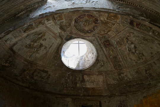 Skylight Surrounded by Stucco Relief Ruins in Forum Baths of Ancient Pompeii