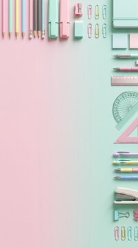 A flat lay top view of a split-tone pink and pastel green background featuring a neat, organized arrangement of school and office stationery supplies on the edges.