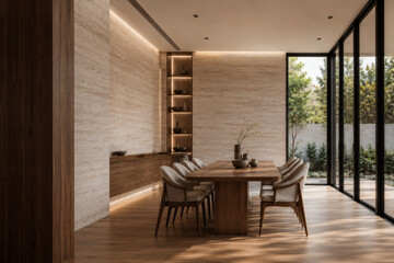 Fototapeta premium Minimal contemporary dining room with premium natural materials