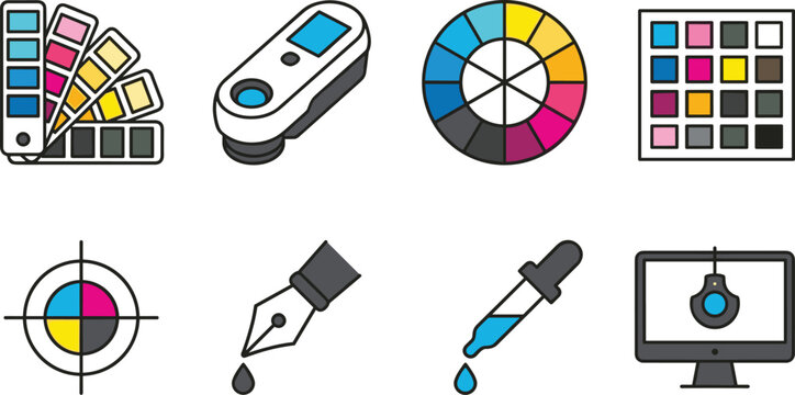 Graphic Design Color Management Icon Set with Swatch Guide Spectrophotometer Color Wheel Swatches Eyedropper and Monitor Calibration
