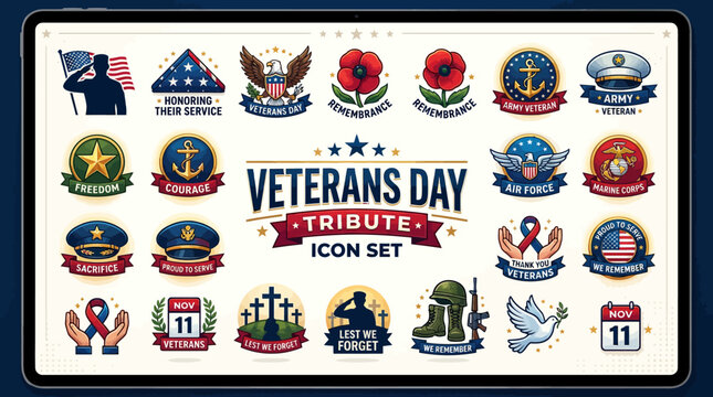 Veterans Day Icon Set: Tribute, Remembrance, Salute, Poppy, Flag, Military Symbols