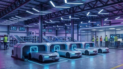 Obraz premium Autonomous Mobile Robots Transporting Cardboard Boxes in Smart Warehouse Logistics Center